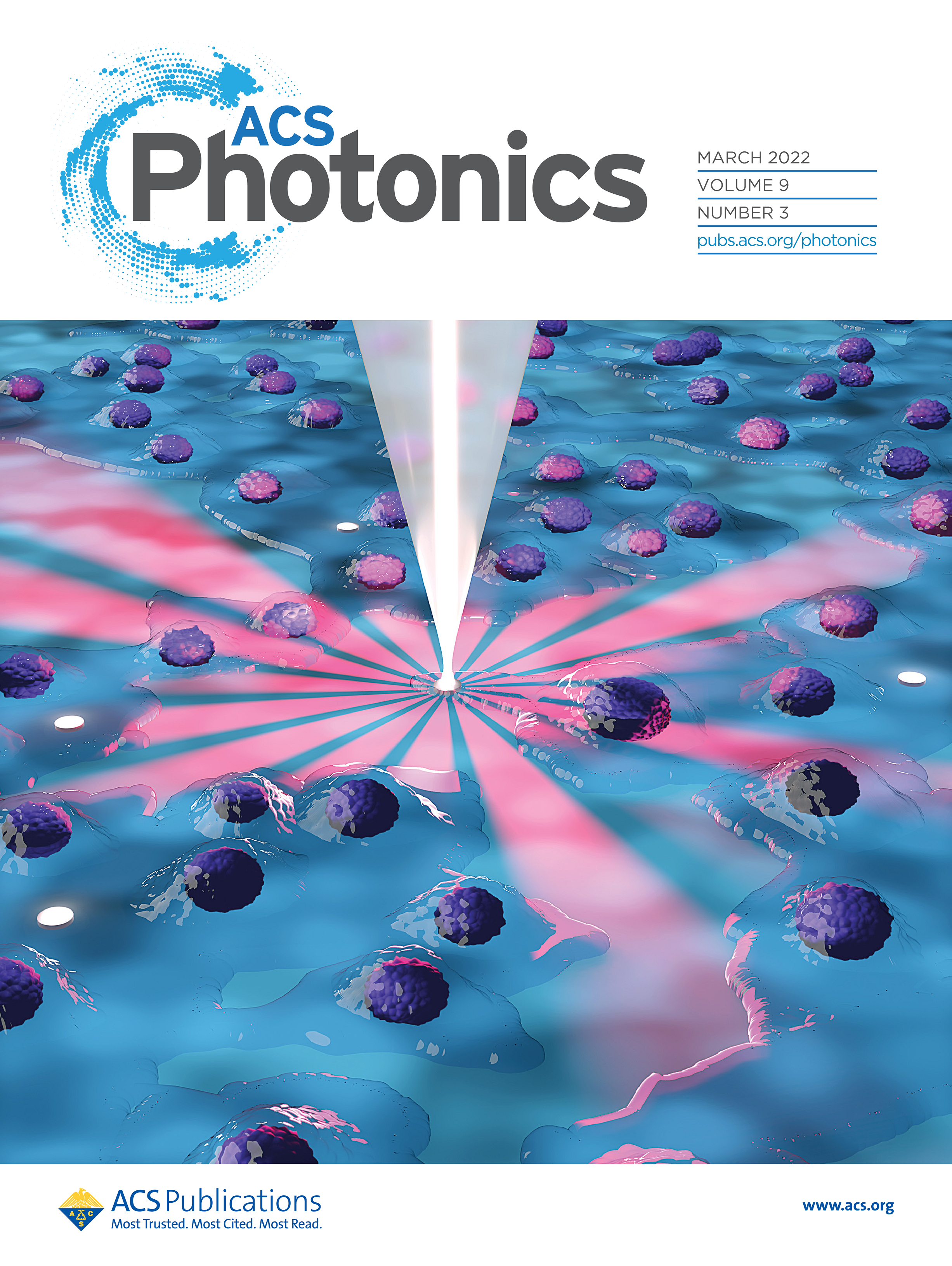 Image of the ACS Photonics journal cover showing a rendered image of a glowing microdisk laser integrated into biological cells